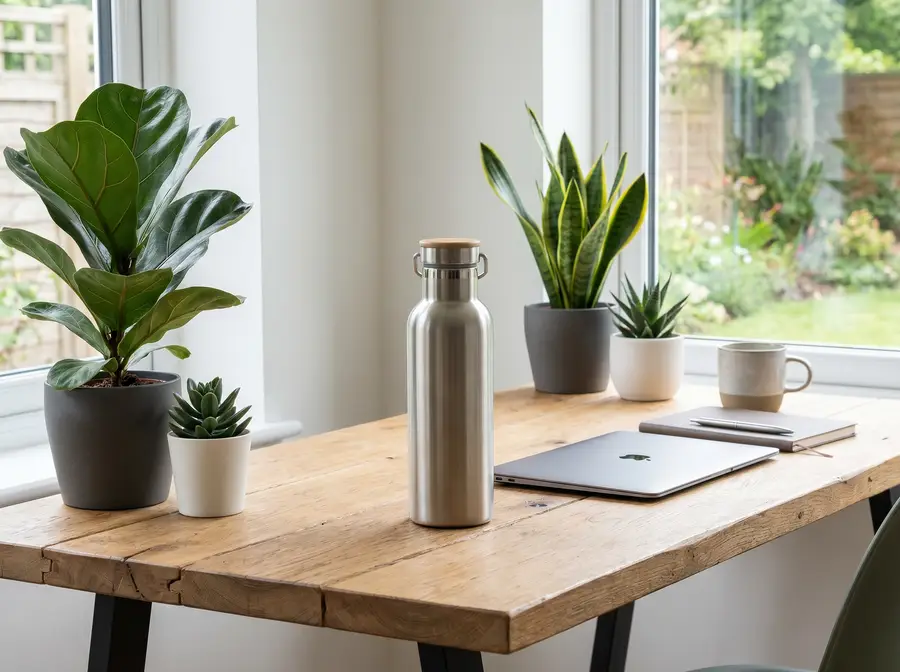 Stainless steel water bottle on a wooden desk with plants