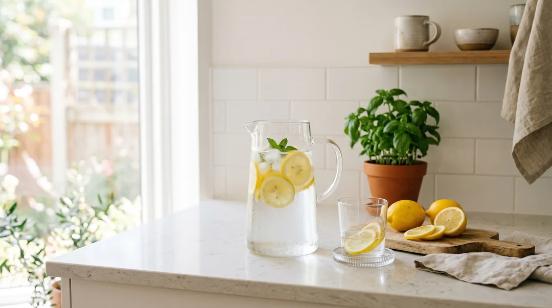 Carafe en verre d'eau au citron sur un comptoir de cuisine avec basilic et tranches de citron
