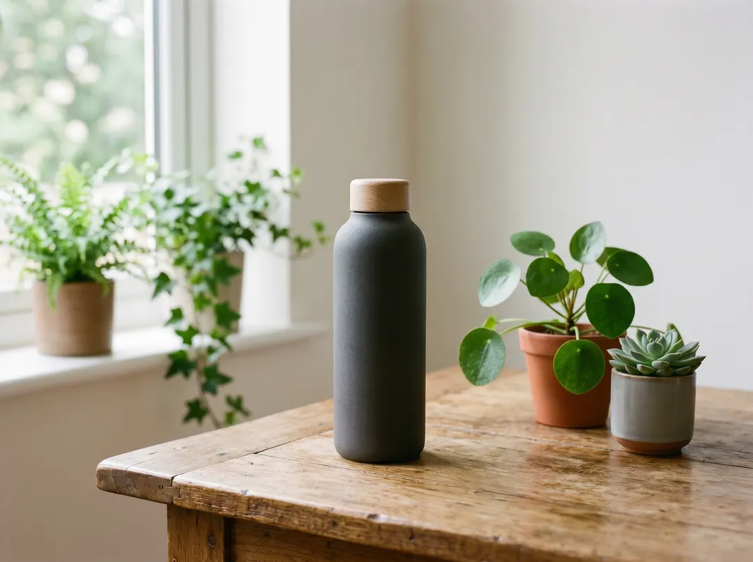 Gourde réutilisable mate grise sur une table en bois à côté de plantes d'intérieur