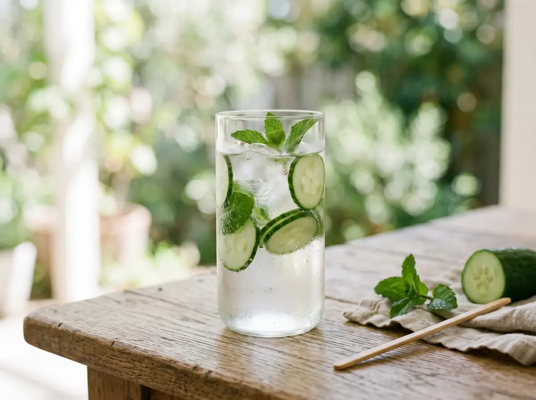 Grand verre d'eau infusée avec tranches de concombre et menthe fraîche