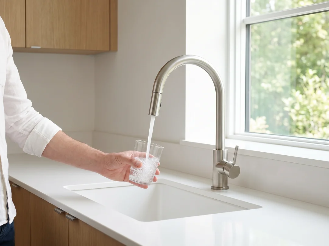 Hand filling a glass with water from a modern kitchen faucet