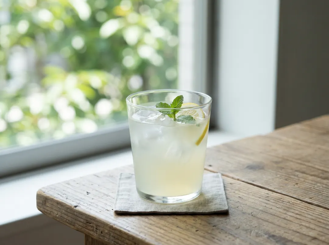 Glass of pale lemonade with ice on a wooden table by a window