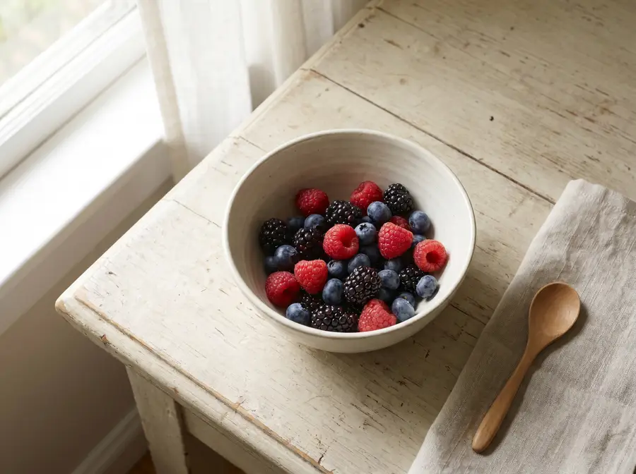 Ceramic bowl of mixed berries on a wooden table by a window