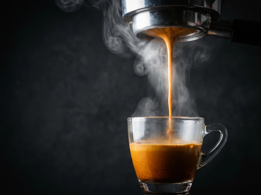 Hot espresso pouring from a portafilter into a glass cup with steam rising