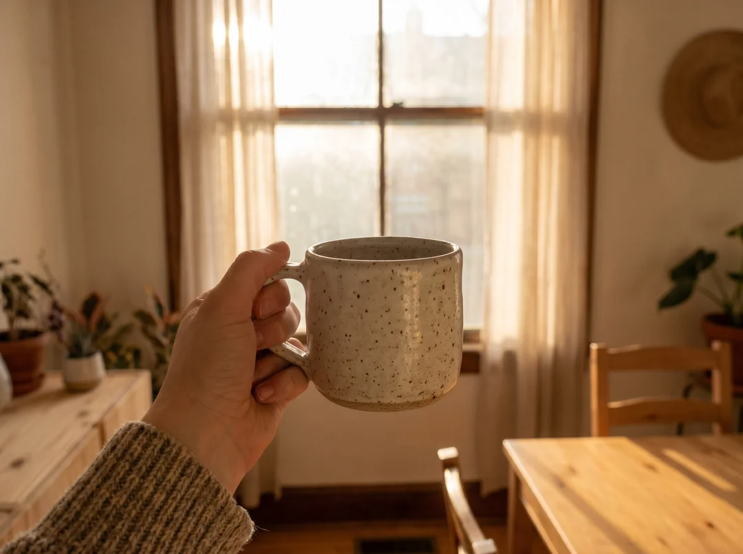 Hand holding a speckled ceramic coffee mug in warm window light